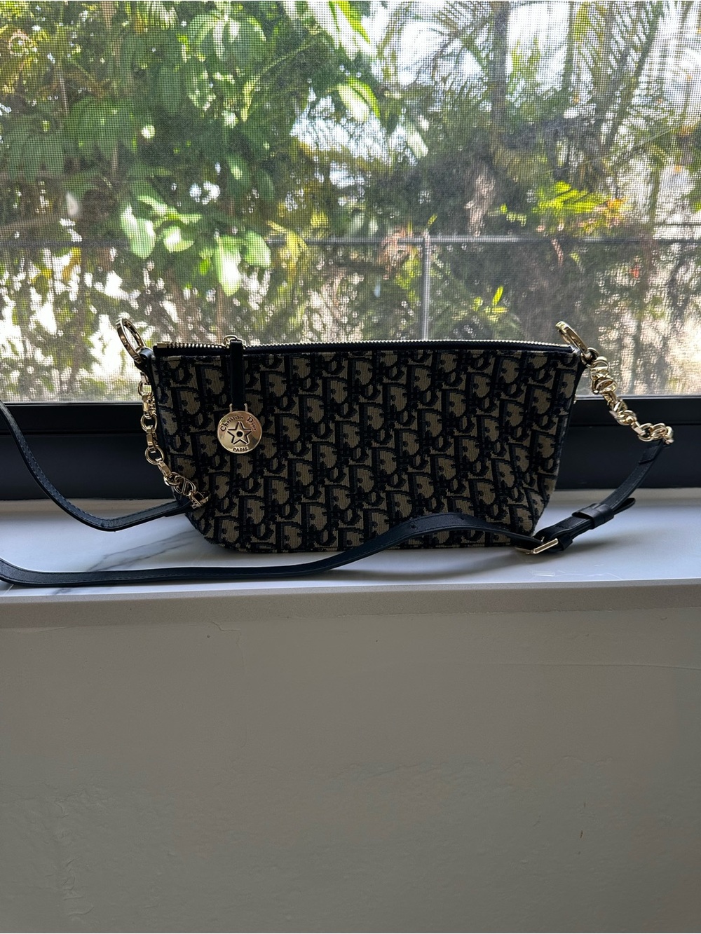 Black Monogram Pattern Crossbody Bag with Gold Accents